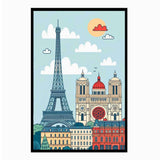 Paris City Wall Frame Eiffel Tower & Classic Architecture Illustration | Premium 2D Frame with HD Gloss Print | Aesthetic Trav