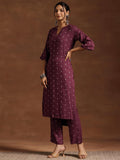 Libas Womens Woven Design Cotton Blend Straight Kurta With Trousers Burgundy M