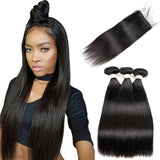 Beauhair Straight Hair Bundles with Closure (10 12 14+10 Closure) 100% Brazilian Straight Virgin Hair 3 Bundles with Lace Closur