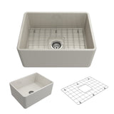 BOCCHI Classico Farmhouse Apron Front Fireclay 24 in. Single Bowl Kitchen Sink with Protective Bottom Grid and Strainer in Biscu