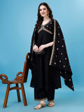 Pratham Blue Kurta Set For Women Silk Embroidered Anarkali Kurta Set For Women With Palazzos And Dupatta (Pb-6167-S_Black)