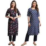 Pinkmint Crepe Casual Style Women Kurta with Pant Fancy Printed Kurti for Women Trendy Kurti ll (Pack of 2) Navy Blue-Blue