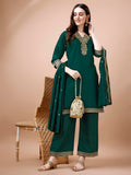 Pratham Blue Kurta Set For Women Silk Embroidered Straight Kurta Set For Women With Palazzos And Dupatta (Pb-6061-S_Green)