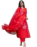 Anni Designer Women'S Chanderi Cotton Straight Printed Kurta With Pant & Dupatta (Guni Red-Nw_L_Red_Large),Red,L