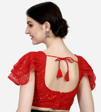 Pujia Mills Women'S Shipali Net Work Ruffle Sleeves Readymade Saree Blouse (Shipli Jhadu Red_Red_38 Size + Margin)