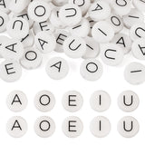 Boutigem 50Pcs White Flat Round Vowel Letter Silicone Beads Round Black A E I O U Letters Silicone Focal Beads Alphabet Loose Sp
