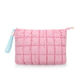 DOB SECHS Puffer Quilted Makeup Bag with Handle, Cute Puffy Cotton Cosmetic Bags for Women, Checkered Quilt Toiletry Zipper Pouc