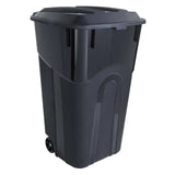 32 Gallon Heavy Duty Wheeled Plastic Garbage Can with Attached Lid and Easy Grip Handle - Bottom Hand Groove, Rugged Wheels, Ind
