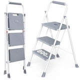 KMFurnila Step Ladder 3 Step, Folding Step Stool with Wide Anti-Slip Pedal, Sturdy Steel Lightweight Closet Kitchen Ladder Step