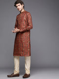 Manyavar Kurta Set For Men, Full Sleeves Mandarin Collar Ethnic Kurta Set For Engagement, Wedding, Party All Over Self Design (Rust, L)
