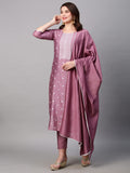 Anni Designer Women'S Cotton Blend Embroidered Straight Kurta With Pant & Dupatta (Hima-Purple_Xxl_Purple_Xx-Large),Purple,2XL,Cotton Blend,Regular,Dupatta