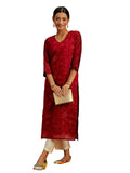 Libas Women's Chanderi Silk Embroidered Straight Kurta (58010_Red