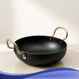 DOZY Iron Kadai with GoldTone Handles | Black | Compatible with Gas Stove and Induction Cooktop