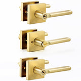 Linkaa Satin Brass Interior Key Door Lock with Handle for Bed and Bath, Brushed Gold Lever Door Handle with Lock and Key, Revers