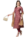 Anni Designer Women'S Banarasi Silk Straight Printed Kurta With Pant & Dupatta (Banarasi Red-Sm_L_Red_Large),Red,L