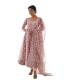 Women Floral Print Anarkali Kurta With Pant And Duptta (Medium Pink),Pink,M