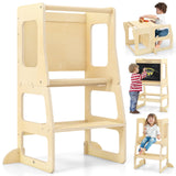 OLAKIDS Toddler Tower, 4 in 1 Foldable Kitchen Stool Learning Standing Tower with Chalkboard Removable Safety Rail, Kids Wooden
