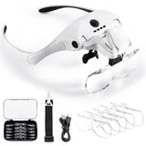TMANGO Magnifying Glasses with 4 LED Lights, Magnifying Headset with 5 Detachable Lenses, Rechargeable Lighted Head Magnifier wi