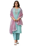 Sanisa Women's Chinnon Sequence and Embroidery Work Straight Kurta with Pant and Dupatta Set (162KBD1741N-L_Pale Turquoise)
