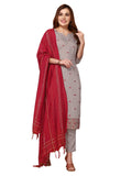 Sanisa Womens Chinnon Embroidery Work Straight Kurta with Pant and Dupatta Set, Dusty Brown, XXL