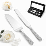 Dicunoy 2 PCS Wedding Cake Knife and Server Set, Silver Cake Cutting Set, Vintage Engraved Cake Cutter and Elegant Serving Spatula for Birthday, Party, Anniversary
