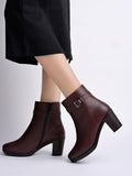 Women'S Brown Faux Leather Ankle Boots With Mid Heel And Buckle Strap Side Zipper Comfort Booties For Fall & Winter Eu39,Brown,6,B0D5R7WN4V