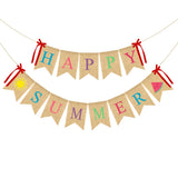 2Pack Happy Summer Burlap Banner Rustic Garland Decorations with Sun and Watermelon, Pool Beach Barbecue Hawaiian Party Decor Su