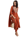 Anni Designer Women'S Rayon Blend Straight Embroidered Kurta With Pant & Dupatta (Galpatiyo Mustard_Xl_Mustard_X-Large),Mustard,XL