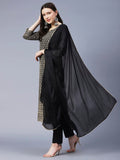Gosriki Women'S Cotton Blend Embroidered Straight Kurta With Pants & Dupatta (Dumas-Black-Gs_S_Black_Small),Black,,B0BR5WKJ67