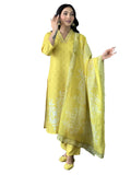 Wedani Muslin Floral Printed With Lace Border Kurta Pant Set With Dupatta For Women,YELLOW,M