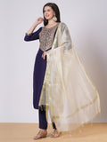 Anni Designer Women'S Rayon Viscose Embroidered Straight Kurta With Pant & Dupatta (Tudari Blue_Xxl_Blue_Xx-Large),Blue,2XL,,,