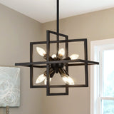 Goomavi Small Modern Lantern Chandeliers, Geometric Black Pendant Lighting, 8-Light Industrial Hanging Chandelier Light Fixture