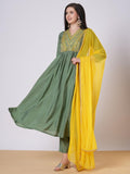 Anni Designer Women'S Rayon Viscose Anarkali Embroidered Kurta With Pant & Dupatta (Padari Green_Xl_Green_X-Large),Green,XL,Rayon,Anarkali,