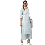 Anni Designer Women'S Cotton Blend Straight Printed Kurta With Palazzo & Dupatta (Suchi Sky Blue_Xl_Sky Blue_X-Large),Sky Blue,XL