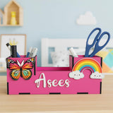 PRINTKART Personalised Desk Organiser with Butterfly and Rainbow Design, Pink Wooden Pencil Holder, Pen stand Double Compartment