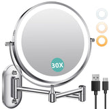 Auxmir 1X/30X Wall Mounted Makeup Mirror with Light, 8 Rechargeable Double-Sided Magnifying Mirror, Vanity Mirror Dimmable 3 Col