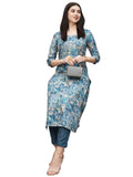 Gosriki Women'S Cotton Blend Straight Printed Kurta With Pant (Seep Blue-Gs_L_Blue_Large),Blue,,B0CT3MRDHK