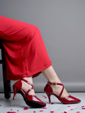 Shoetopia Women'S Cherry Patent Leather Heels || Cross Strap Closed Toe Pumps With Buckle || Stylish High Heel Perfect For Office Weddings Cocktail Parties & Formal Events Eu35,Cherry,2,B0F7LZF4SL