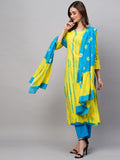 Anni Designer Women'S Cotton Blend Straight Printed Kurta With Pant & Dupatta (Kayke Yellow-Nw_3Xl_Yellow_Xxx-Large),Yellow,3XL,Cotton Blend,Regular,