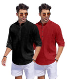 Bellstone Men'S Cotton Blend Solid Regular Dress Shirt (Kurta1500_Combo_Black & Maroon_S
