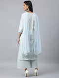 Anni Designer Women'S Cotton Blend Straight Printed Kurta With Palazzo & Dupatta (Suchi Sky Blue_Xl_Sky Blue_X-Large),Sky Blue,XL,Cotton Blend,Straight,Dupatta