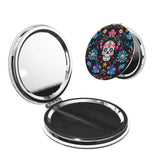 keluki Mexican Sugar Skulls Flowers Print Foldable Travel Pocket Mirror Round PU Leather Portable Mini Makeup Double Sided Handh
