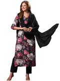 Anni Designer Women'S Rayon Blend Straight Printed Kurta With Pant & Dupatta (Poona Black-Vks01_Xxl_Black_Xx-Large),Black,2XL