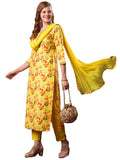 Anni Designer Women'S Cotton Blend Printed Straight Kurta And Pant With Dupatta (Kaleping-Yellow_Xl_Yellow_X-Large),Yellow,XL
