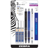 Zebra Pen DelGuard Mechanical Pencil 3-Pack with 3 Refills, 0.5mm, Black, Blue, White Barrel Color, Double Spring Mechanism Resi