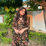 Anni Designer Women'S Rayon Blend Printed Anarkali Kurta With Pant & Dupatta (Belono Black_M_Black_Medium),Black,M,,,