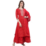 ishin Women's Cotton Bandhani Embroidered Straight Kurta Sharara Dupattta Set