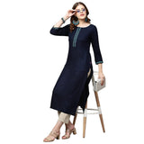 Anni Designer Women'S Cotton Blend Solid Straight Kurta (Kissa Dark Blue_Xl_Dark Blue_X-Large),Dark Blue,XL