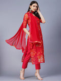 Anni Designer Women'S Chanderi Cotton Printed Straight Kurta With Pant & Dupatta (Aux-Orange_M_Pink_Medium),Pink,M,Cotton,Regular,Dupatta