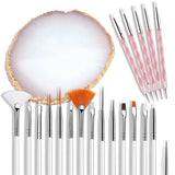 AUOCATTAIL Nail Art Design Tools - 15pcs Painting Brushes Set with 5pcs 2-way Dotting Pens & Gold-rimmed Resin Palette, White